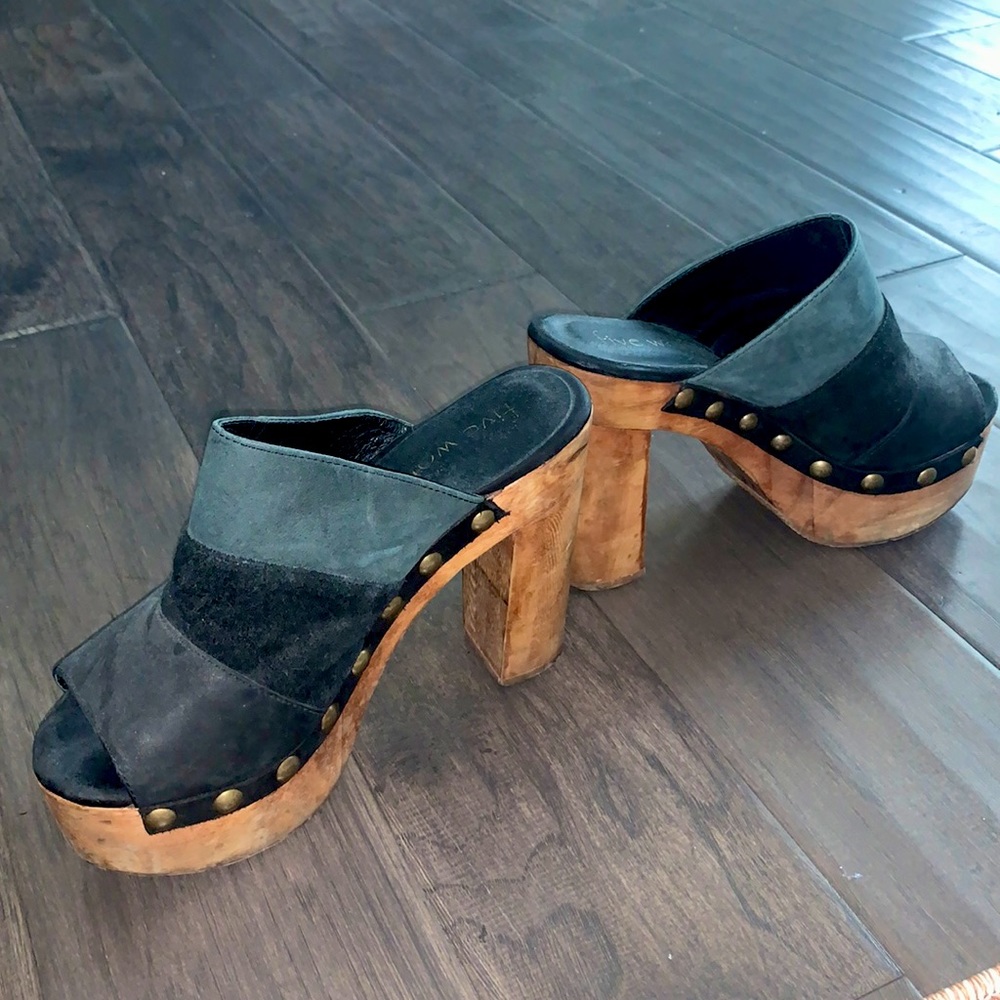 Platform wood heel mules